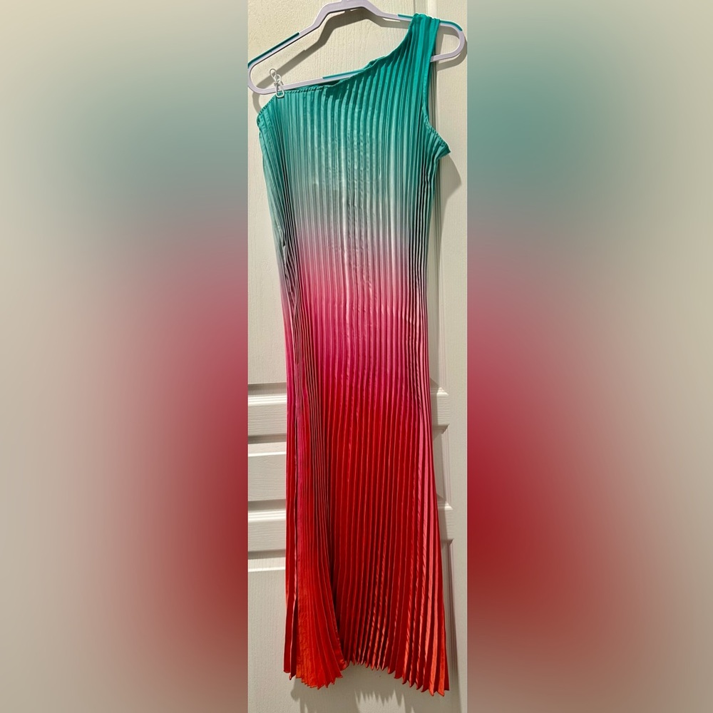 Nicole Miller Sleeveless One Shoulder Summer Sunset Ombré Satin Plissé Gown - Picture 6 of 11